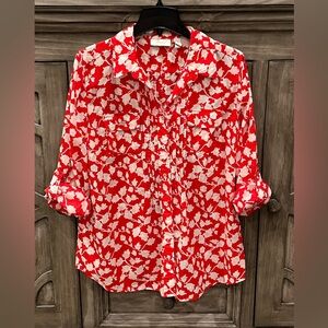 Chico's Red and White Floral Button-Down Shirt